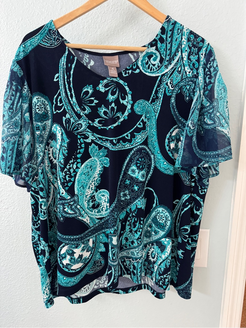 Chico's Navy & Teal Paisley Flutter-Sleeve Blouse